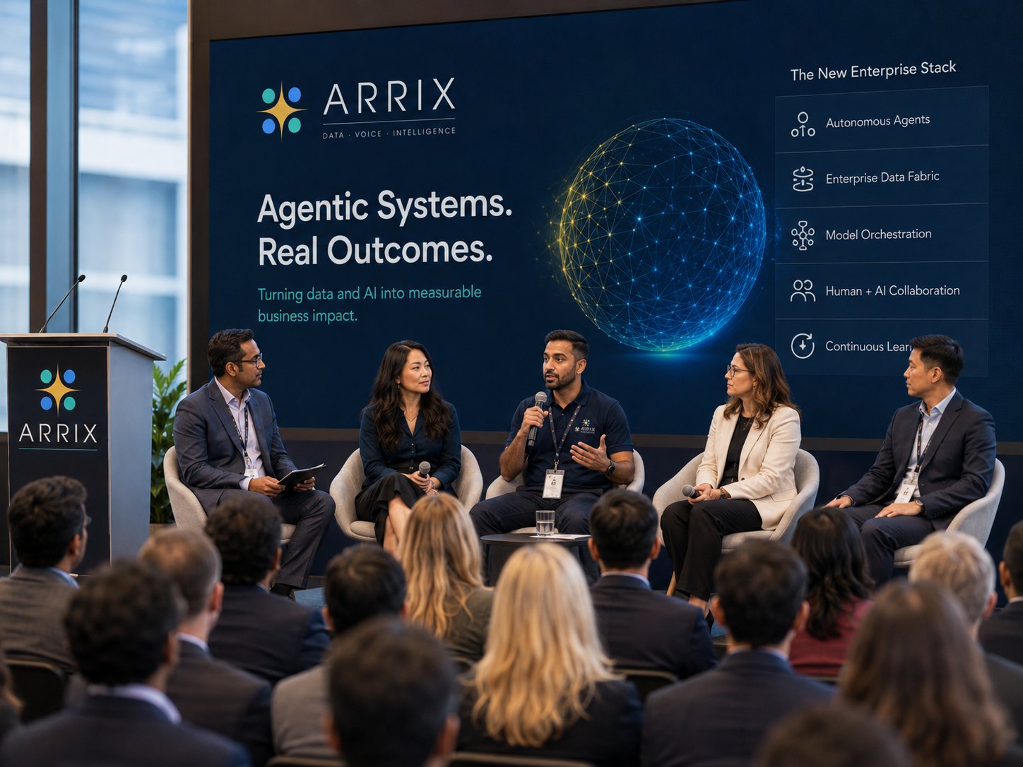 Panel discussion in front of a seated audience