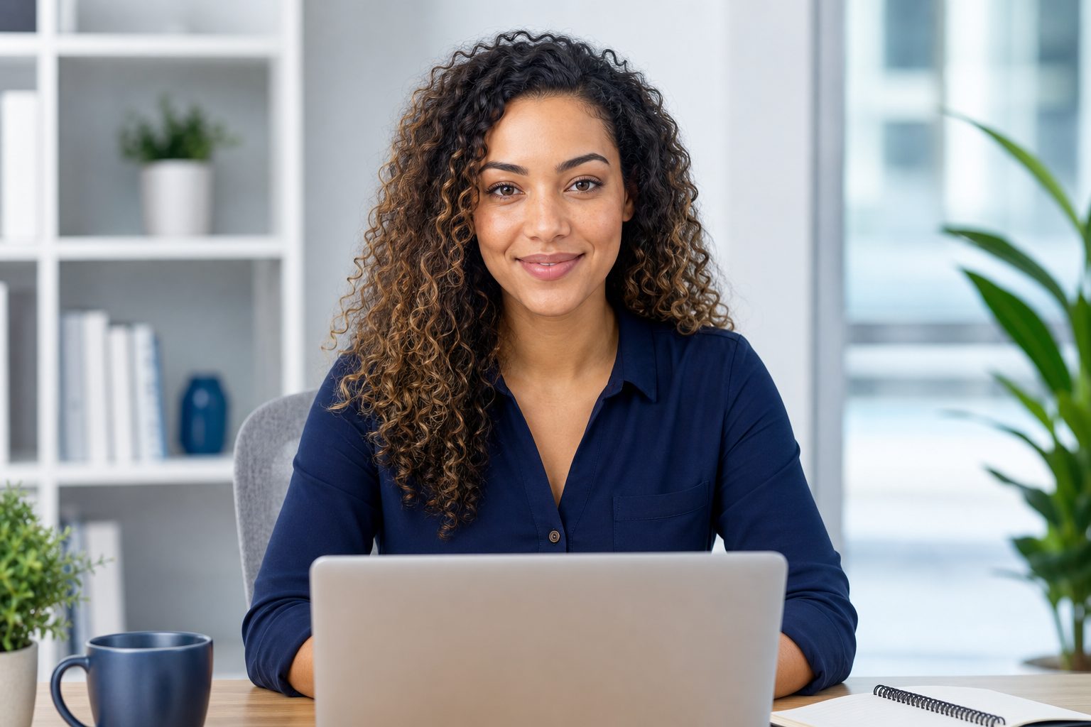 A woman with curly hair sits at a laptop in a bright office, shelves and plants behind her, looking toward the camera.