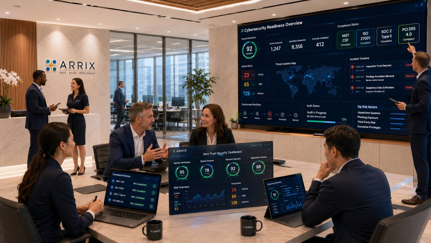 Executives reviewing a cybersecurity readiness dashboard with compliance frameworks and an incident timeline - illustrative concept