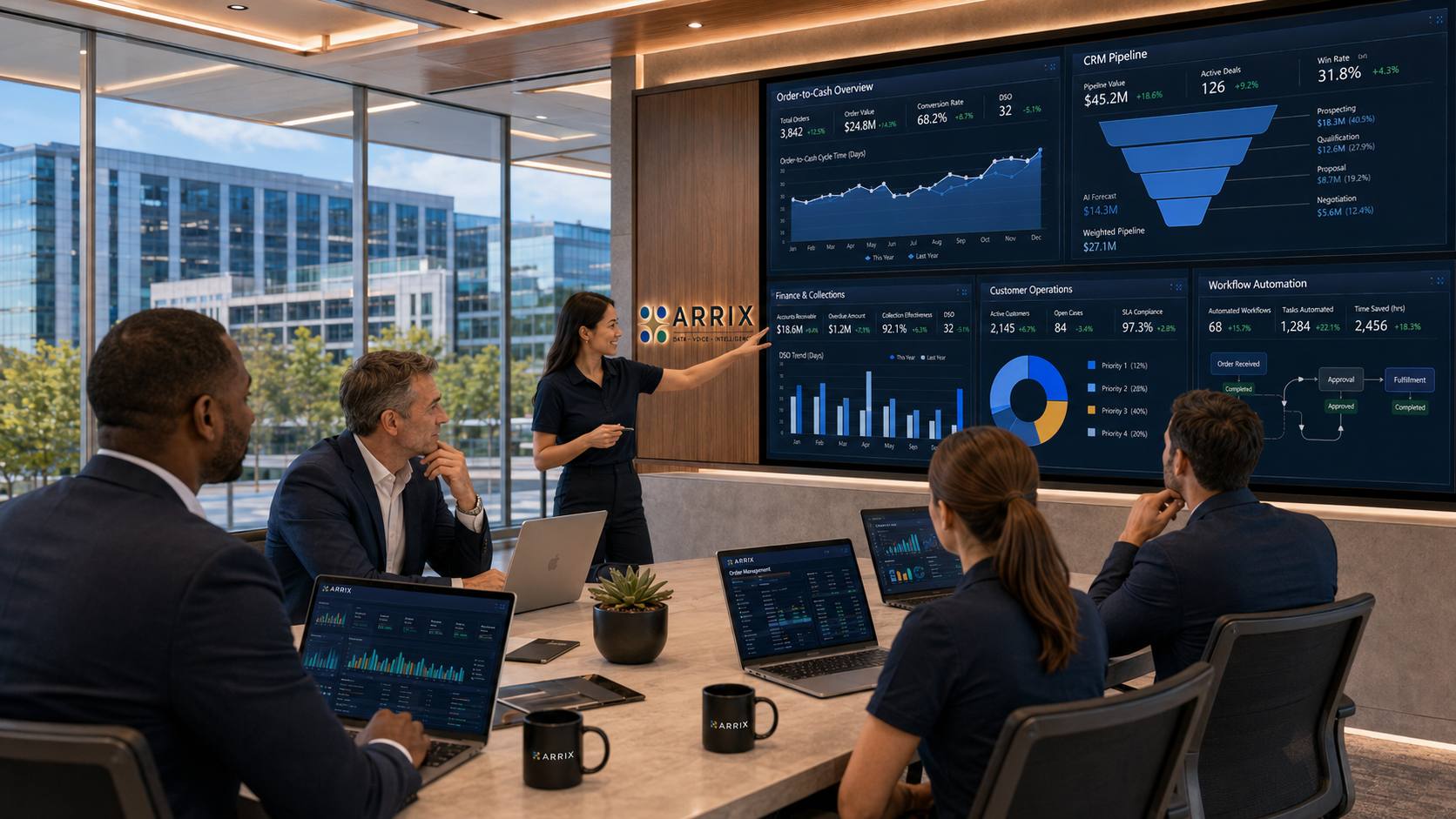 Managers discussing order-to-cash, CRM pipeline and workflow automation dashboards on a meeting-room wall - illustrative concept