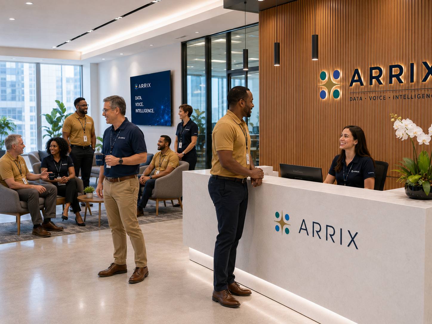 Receptionist welcoming a guest at the front desk with the lobby screen behind - illustrative concept